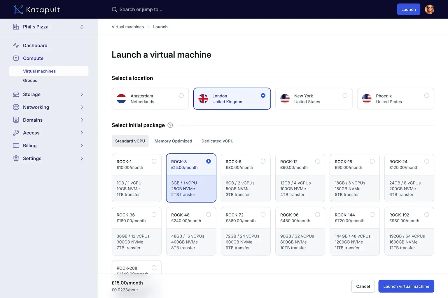 Katapult user interface of launching a virtual machine