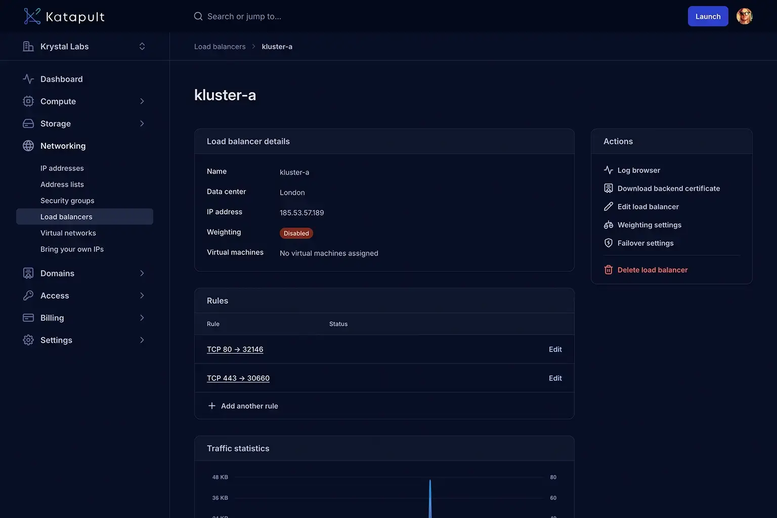 Katapult user interface of a load balancer