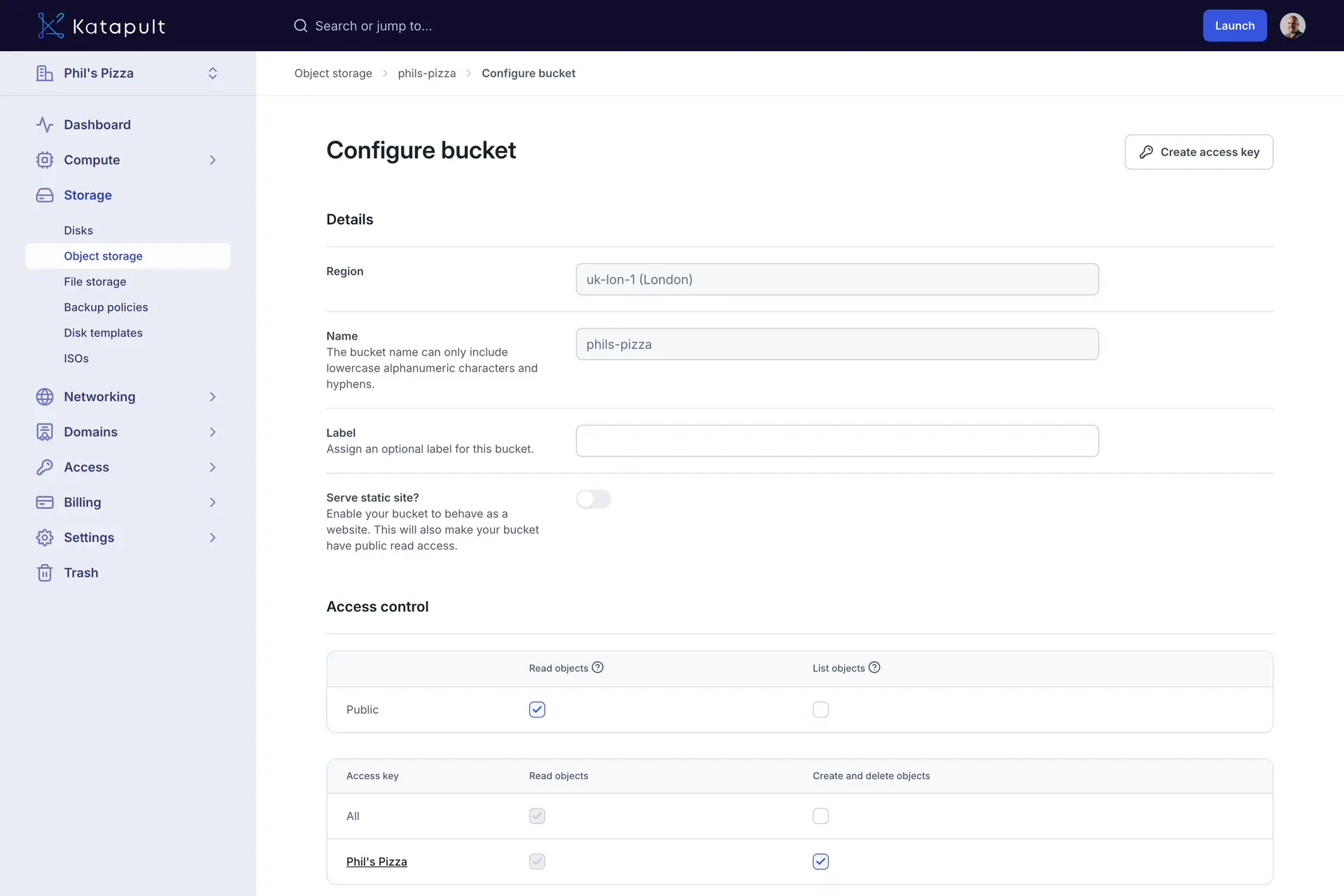 A screenshot of the configure bucket screen in Katapult's Object Storage